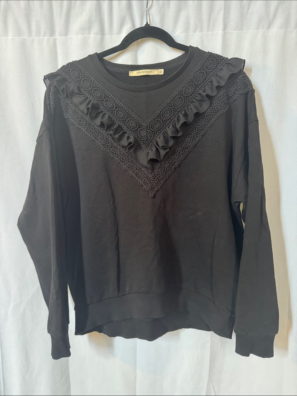 Black Ruffle & Lace V-Yoke Sweatshirt - Womens